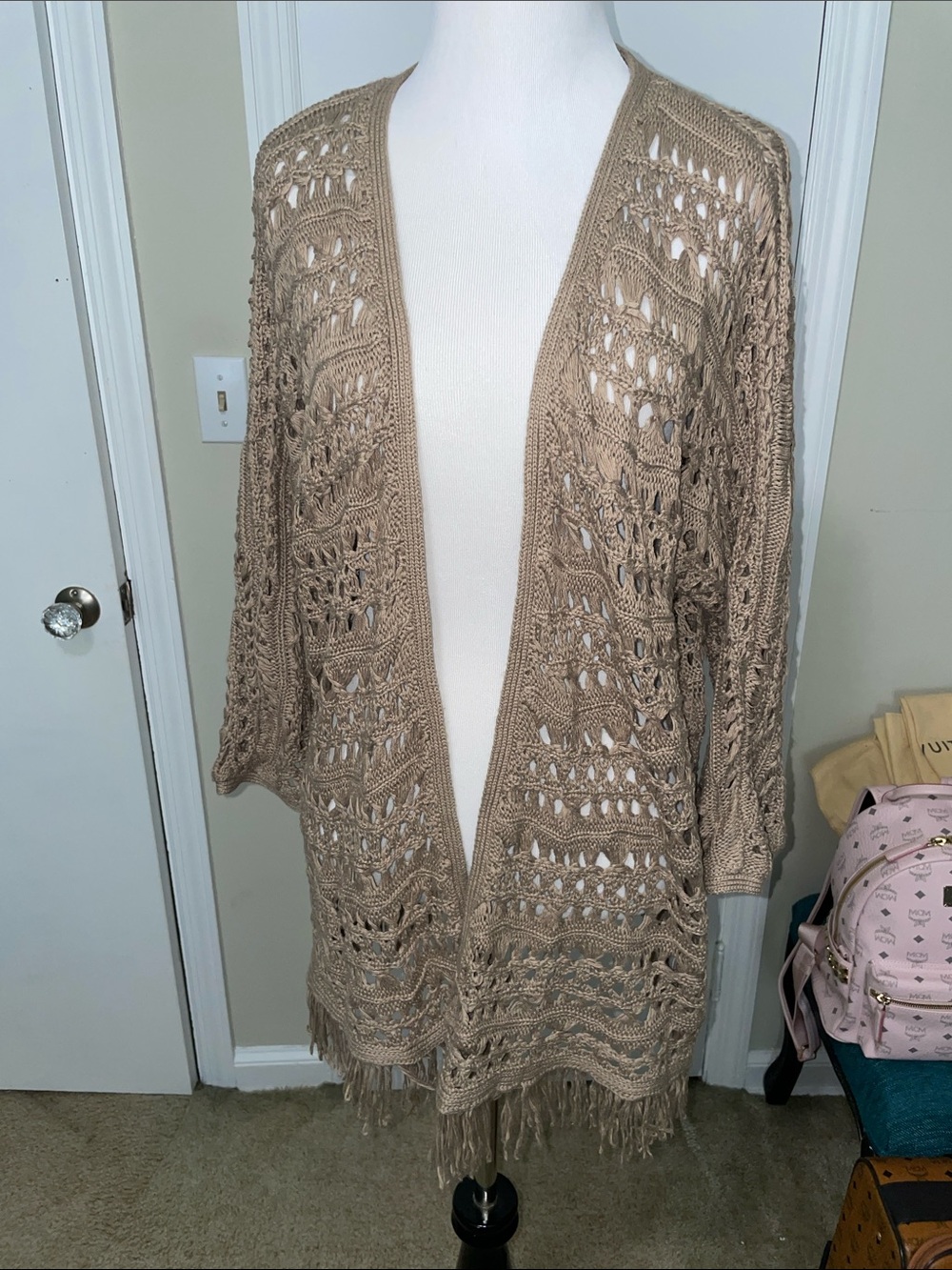 Beige Open-Knit crochet Fringe Cardigan Sweater